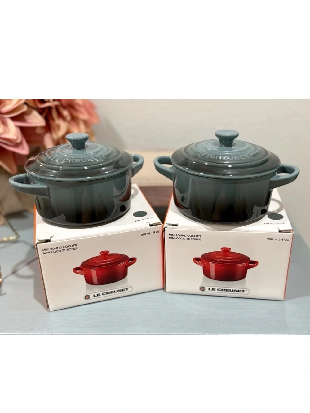 Rare! Le Creuset Mini Cocotte w/ Lid - 8 Oz - Ocean - NIB Set Of 2